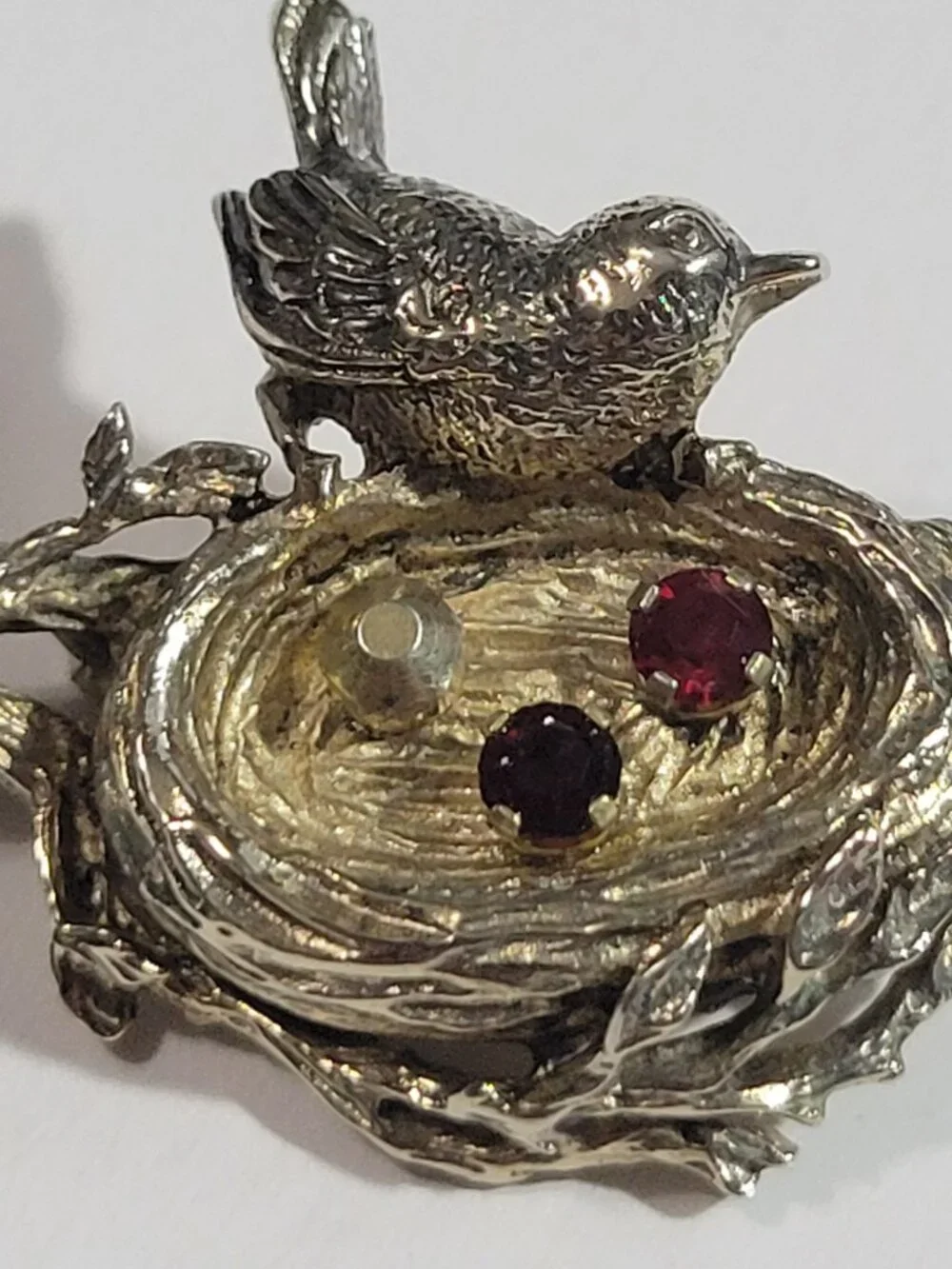 Anson Mama Bird Nest Brooch Rhinestones Sterling Silver Vintage Birthstones